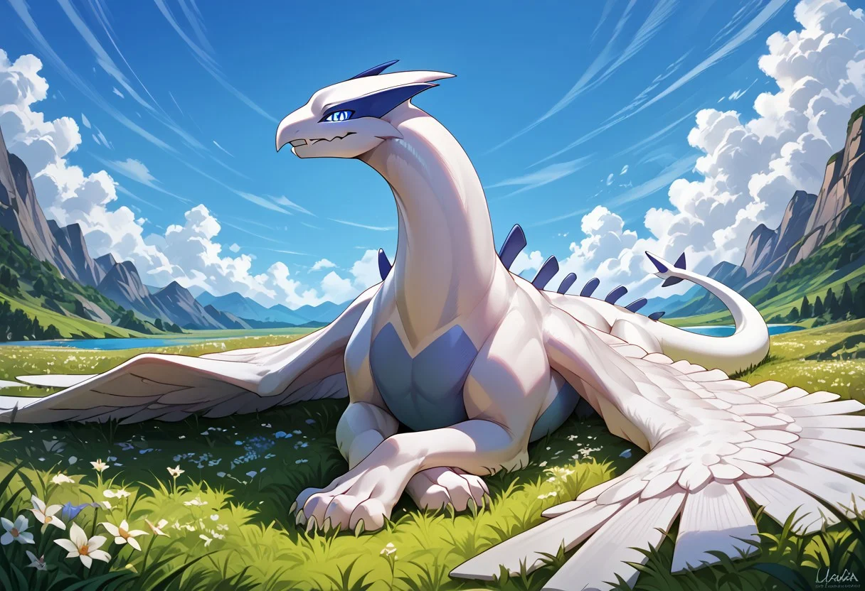 score_9, score_8_up, score_7_up, source_furry, (detailed eyes, beautiful eyes, blue pupils, pupils)0.5, (beautiful, detailed background, very aesthetic, digital artwork, digital art, well shaded artwork, depth)1.2, 1girl, female, furry, feral, Lugia, wings+, winged, 2wings, feathers wings, blue spikes on back, blue belly skin, grassy field setting, seductive pose, teasing, looking at viewer, three-quarter view, complex background