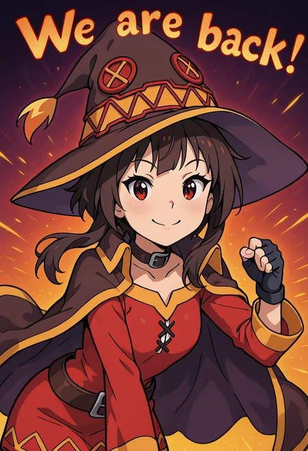 masterpiece, best quality, 1girl, solo, eyelashes, (beautiful eyes), eye focus, We4reSoB4ck, text, large breasts, (curvy), megumin, solo, looking at viewer, smile, red eyes, black hair, short hair with long locks, gloves, witch hat, red dress, black gloves, fingerless gloves, cape, collar, (upper body), smile, looking at viewer, gradient background, orange glow, (dynamic pose, leaning forward), <lora:We4reSoB4ck_IXL_v1:1.0>,