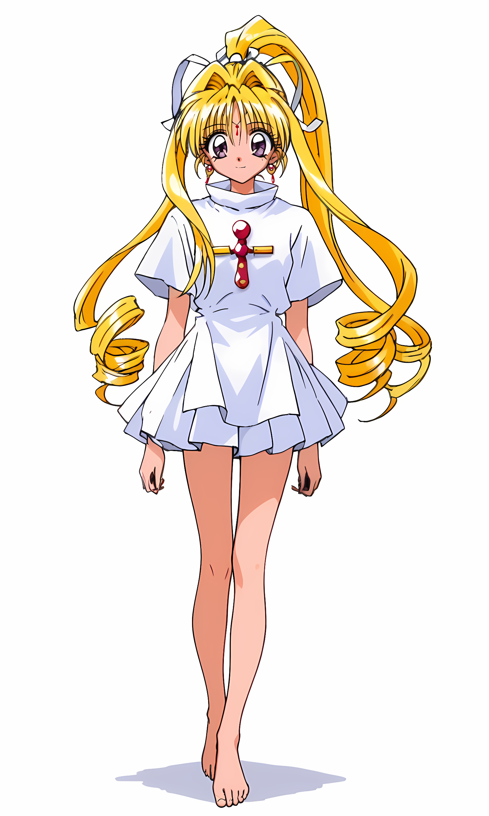 8k, best quality, solo, cute, score_9, score_8_up, score_7_up, 90s anime, masterpiece, source_anime, KKJs2, artist A style, purple eyes, forehead jewelry, blonde hair, very long hair, hair intakes with drill long sidelocks, one high drill ponytail at the back, white hair ribbon, earrings, (plain white outfit:1.3), folded standing collar, white collar, no shoulder decorations, no red ribbon decorations on shoulders, Loose waist, no red and yellow sash, no red rope with tassels, no large yellow bow, white side slit and long shirt tail, white short sleeves, no red accents on white short sleeves, no short red inner sleeves, cross ornament on chest, bare hands, white layered miniskirt, bare legs,  bare foot, 