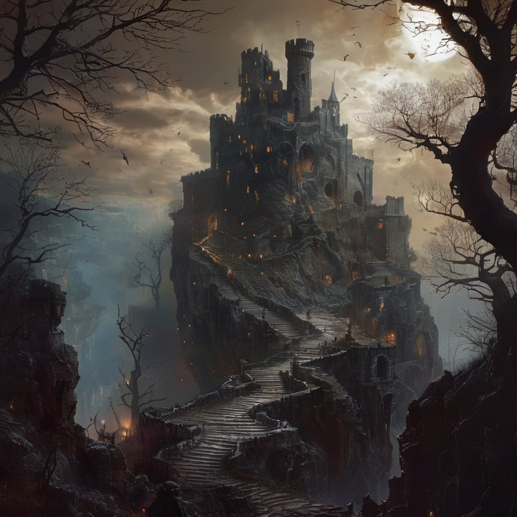 elysexa a castle on a rock in snake land, trees and creatures in the background, darkness, very detailed<lora:elysexa:1>
