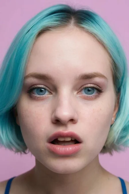 Film still, cinematic, flash photography, 2005 cute emo woman, suprised, open mouth, scene girl, pastel hair, vibrant pastel blue background, sharp focus, detailed skin texture, detailed eyes,