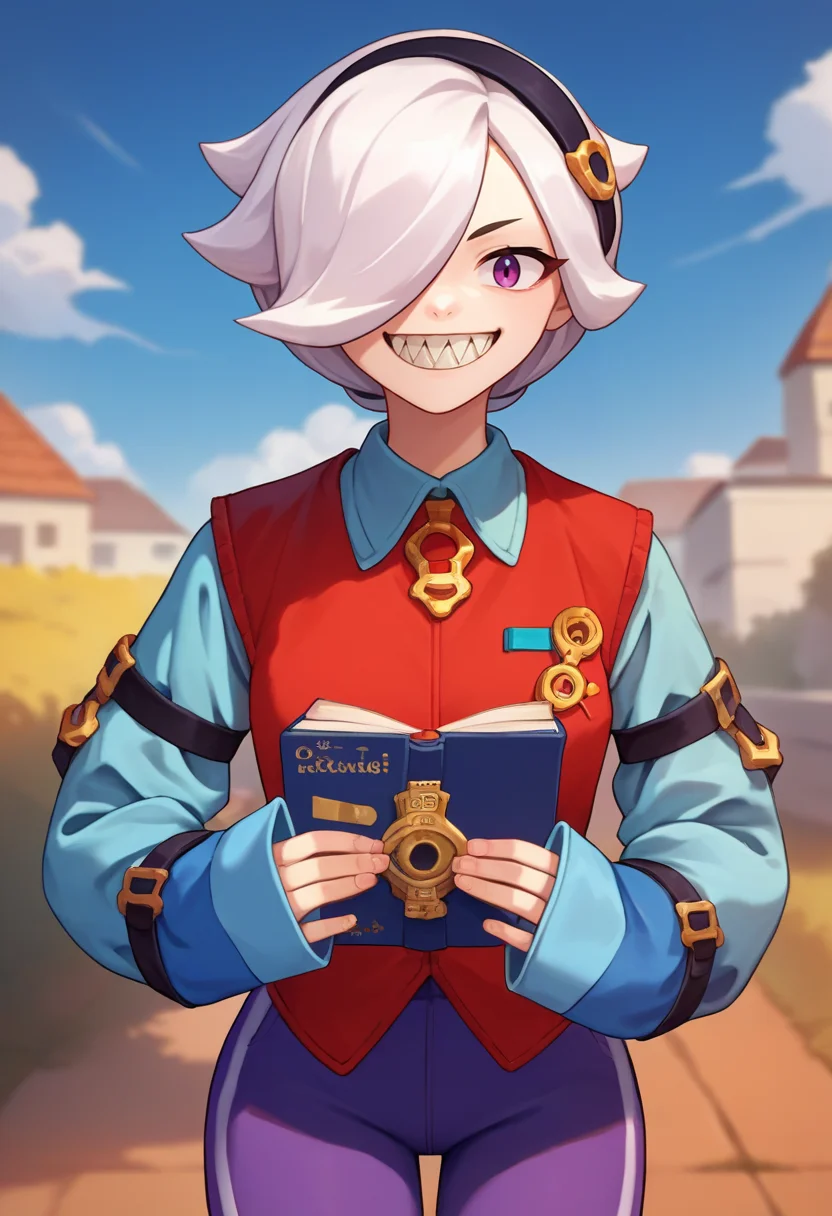 score_9, score_8_up, score_7_up, source_anime, solo, 1girl, colettedef, sharp teeth, smile, looking at viewer, holding book, hair over one eye, black hairband, blue shirt, long sleeves, sleeves past fingers, red vest, purple pants <lora:bs_colette_ponyXL:1>