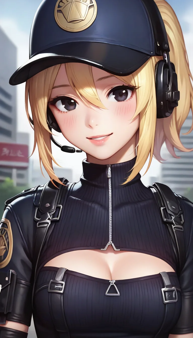 score_9,score_8_up,score_7_up,score_6_up BREAK official art,anime coloring,solo,outdoors,upper body,(portrait:1.5),looking at viewer,facing viewer,smile,blush,MaQue,baseball cap,headset,blonde hair,medium hair,short ponytail,parted bangs,hair between eyes,black eyes,lips,police uniform,black bodysuit,cleavage cutout,open-chest sweater,ribbed sweater,black sweater,black gloves,elbow gloves,fingerless gloves,elbow pads,medium breasts,belt,black pants,thigh holster,knee pads,black footwear,boots,<lora:MaQue(cf)-Pony:1.2>,