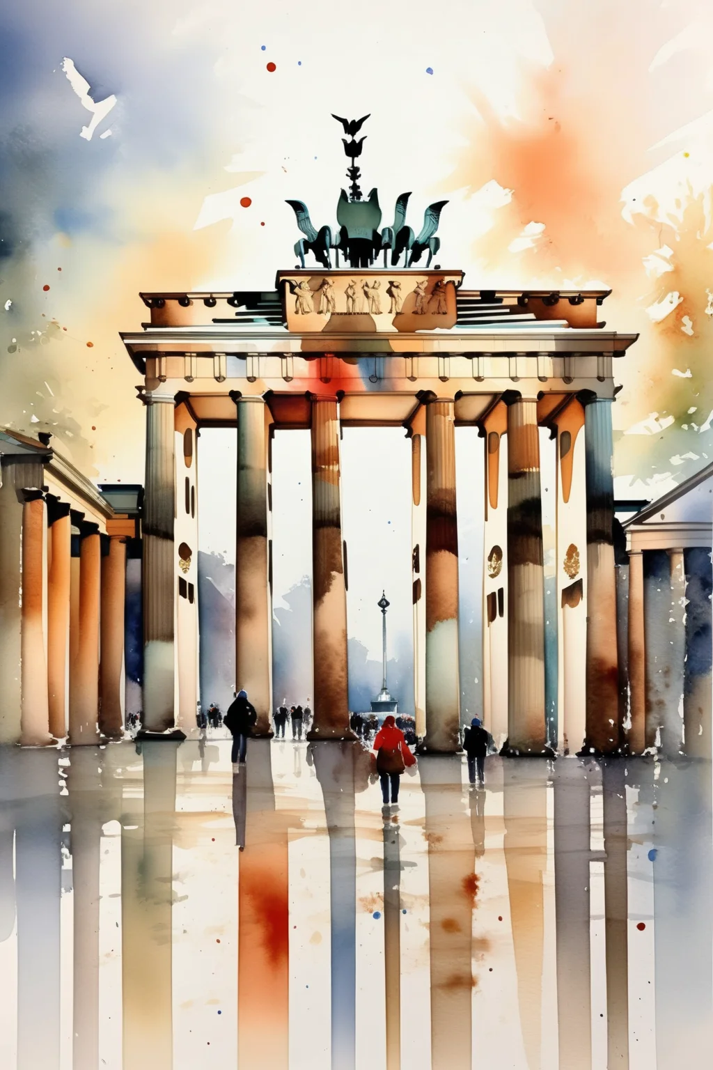 <lora:Thomas Schaller Style:1>Thomas Schaller Style - a beautiful watercolor painting of The Brandenburg Gate, Berlin, This iconic landmark in the heart of Berlin provides a historical backdrop and serves as a symbol of unity and freedom. bright and airy colors