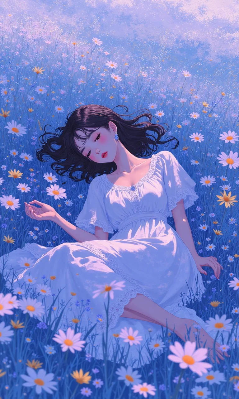 A young woman lies in a field of wildflowers, creating a dreamy, surreal atmosphere. The overall color is a mixture of soft light blue and purple, creating a tranquil, ethereal atmosphere. The illustration style<lora:flux1-D\flux.1_lora_flyway_Hyper-Illustration_v1.0:1.0>