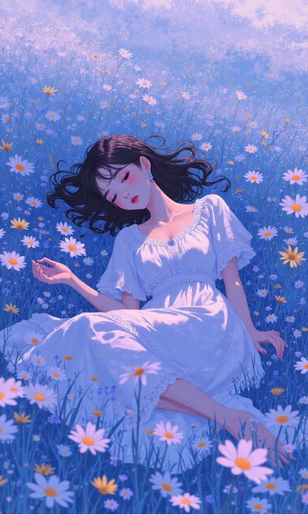 A young woman lies in a field of wildflowers, creating a dreamy, surreal atmosphere. The overall color is a mixture of soft light blue and purple, creating a tranquil, ethereal atmosphere. The illustration style<lora:flux1-D\flux.1_lora_flyway_Hyper-Illustration_v1.0:1.0>