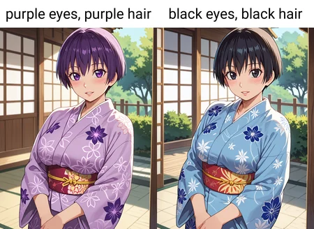 score_9, score_8_up, score_7_up, source_anime, anime screencap, anime coloring, masterpiece, best quality, uncensored, 1girl, solo, (portrait:1.2), satomi manabe, short hair, large breasts, purple eyes, purple hair, japanese clothes, breasts, kimono, yukata, obi, sash, tabi, floral print, <lora:Manabe Satomi_Hajirai Body_Pony:0.9> standing, v arms, looking at viewer, blush, light smile, parted lips, cute face, shiny body, shiny skin, (skindentation:1.2), clear skin, shiny hair, ultra detailed eyes, depth of field, sharp, (intricate details, hyperdetailed:1.15)