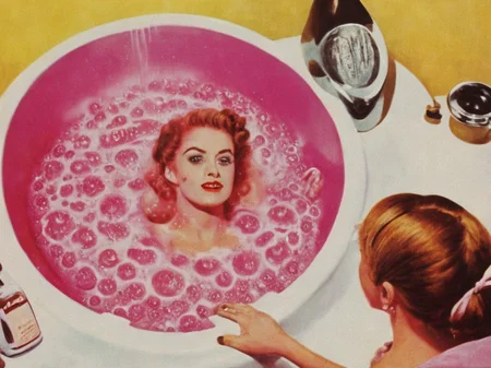 Demonic pink bubble bath in hell VintageMagStyle <lora:SDXL-VintageMagStyle-Lora:1>