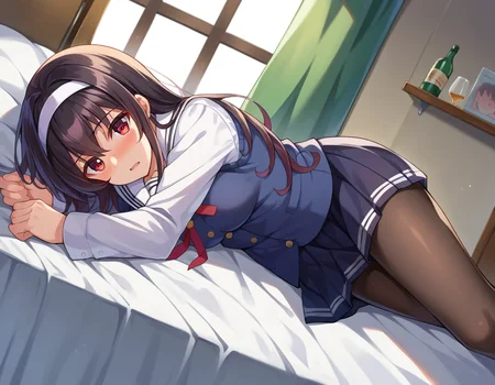 score_9, score_8_up, score_7_up, source_anime,
utahakasumigaoka, <lora:utaha-kasumigaoka-ponyxl-lora-nochekaiser:1>
utaha kasumigaoka, black hair, hairband, long hair, red eyes,
long sleeves, school uniform, skirt, pantyhose,
indoors, bed, bed room, on side, blush, drunk,
looking at viewer, dutch angle, cowboy shot,