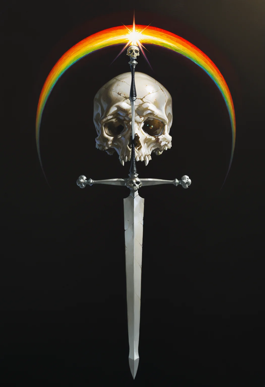 nightjar, weapon, sword, skull, traditional media, solo, rainbow, no humans, black background