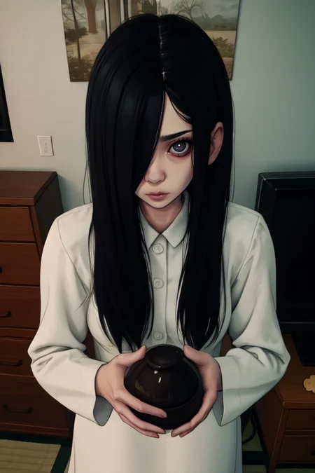 Sadako, long black hair, hair over eyes, sad, looking at viewer,
White dress, long sleeves ,dirty clothes,
solo, holding cookie jar, offering,
dark room, large TV, Japanese house, dim lights,
(insanely detailed, beautiful detailed face, masterpiece, best quality) <lora:TheOnryo-09:0.7>