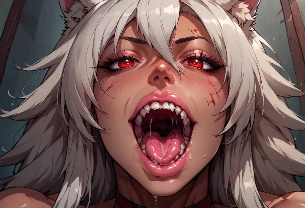 score_9, score_8_up, score_7_up, 1girl, black hair, solo, blood, red eyes, tongue, teeth, open mouth, long hair, blood on face, close-up, <lora:Fant5yP0ny:0.8>, ghislaine dedoldia, visible breast, pink gloss big bimbo lips, transparent saliva dripping, seductive look, touching her cheeks, super lovely, full head picture, wet eyeliner, drool