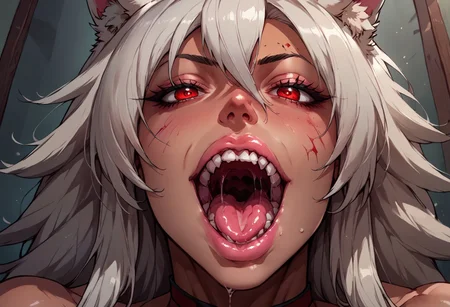 score_9, score_8_up, score_7_up, 1girl, black hair, solo, blood, red eyes, tongue, teeth, open mouth, long hair, blood on face, close-up, <lora:Fant5yP0ny:0.8>, ghislaine dedoldia, visible breast, pink gloss big bimbo lips, transparent saliva dripping, seductive look, touching her cheeks, super lovely, full head picture, wet eyeliner, drool