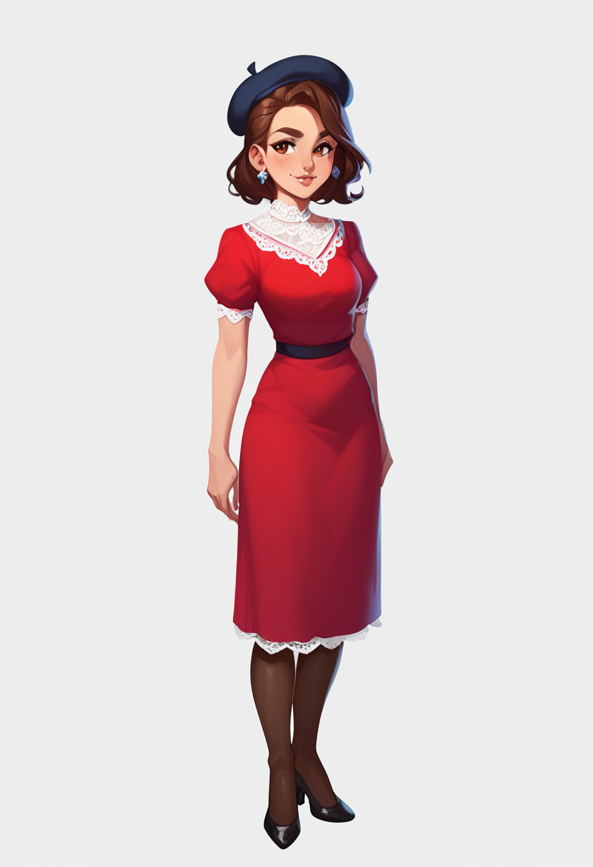 score_9, score_8_up, score_7_up, score_9, score_8_up, score_7_up, casual game art style, casual game art, mobile game art, merge 3 game art, character design, 1girl, solo, ((black beret hat:0.8)), medium hair, brown eyes, brown hair, (red dress with blue rhomb pattern:1), short dress, closed dress, puffy short sleeves, pantyhose, white lace collar, earrings, black high heels, standing, full body, white background, simple background