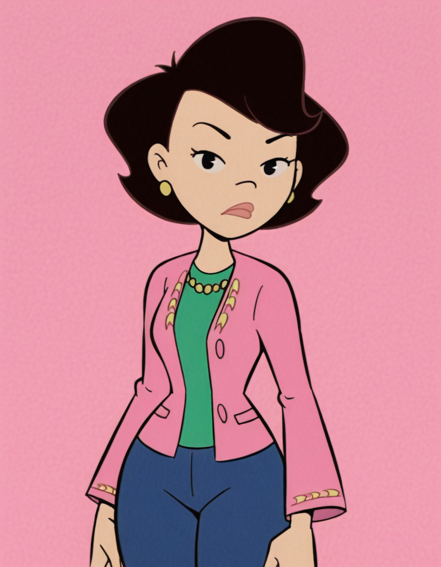 <lora:SusanLongIllustrious1.0JLFO:1> susanlong, 1girl, black hair, pink shirt, solo, short hair, jewelry, earrings, black eyes, blue pants, pearl necklace, looking at viewer, , cowboy shot,simple background,
