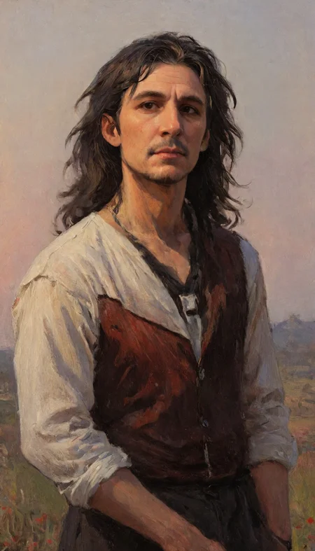 Positiv Clip L
(impressionist painting,:1.4) an award-winning, of a man, 
Positive Clip G
(impressionist painting,:1.4) an award-winning, of a skinny Gothic man that captivates the viewer. his dark eyes exude depth and penetration. The dark lips lend a mysterious sensuality to his expression. This close-up captures the intensity and captivating allure of Gothic aesthetics in a single moment, sunset in the background,
---------