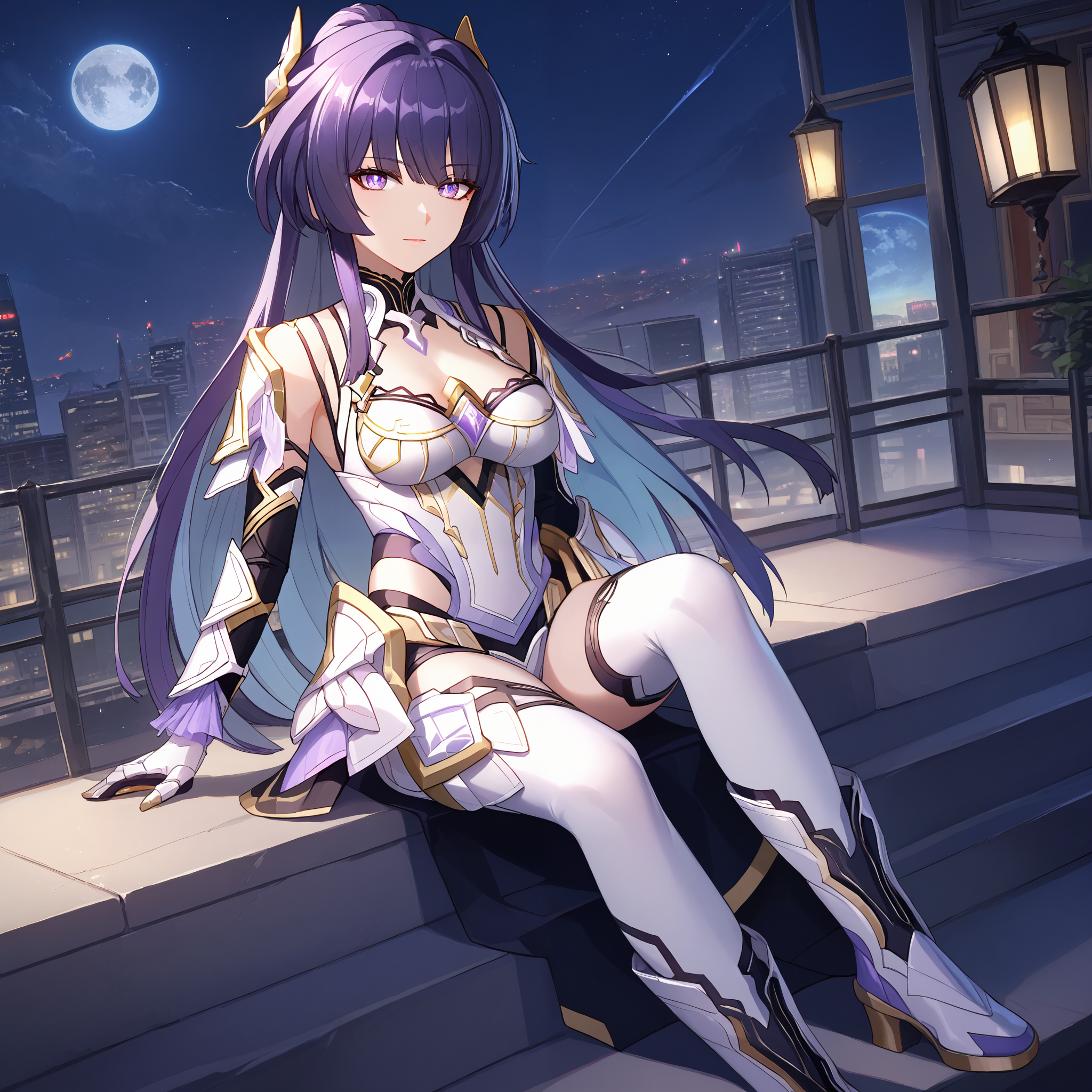 score_9, score_8_up, score_7_up, score_6_up, BREAK source_anime, looking at viewer, night, city, 1girl, solo, sitting, on stairs, masterpiece, best quality, high detailed skin,   raiden mei, raiden mei \(herrscher of origin\), long hair, hair ornament, multicolored hair, purple hair, purple eyes, cleavage, armor, gauntlets, thighhighs, armored boots,