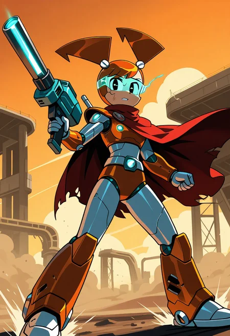 Jenny Wakeman, XJ-9, female, 1girl, solo, robot girl, red pigtails, scavenged samurai-mech armor, tattered red cloak, cracked visor, plasma katana, one arm replaced with railgun cannon, post-nuclear wasteland, sandstorm winds, wrecked war machines, crumbling highway overpass, dark orange sky, gritty dieselpunk aesthetic, Kentaro Miura-inspired detailing, heavy shadows, worn metal textures, dynamic action pose