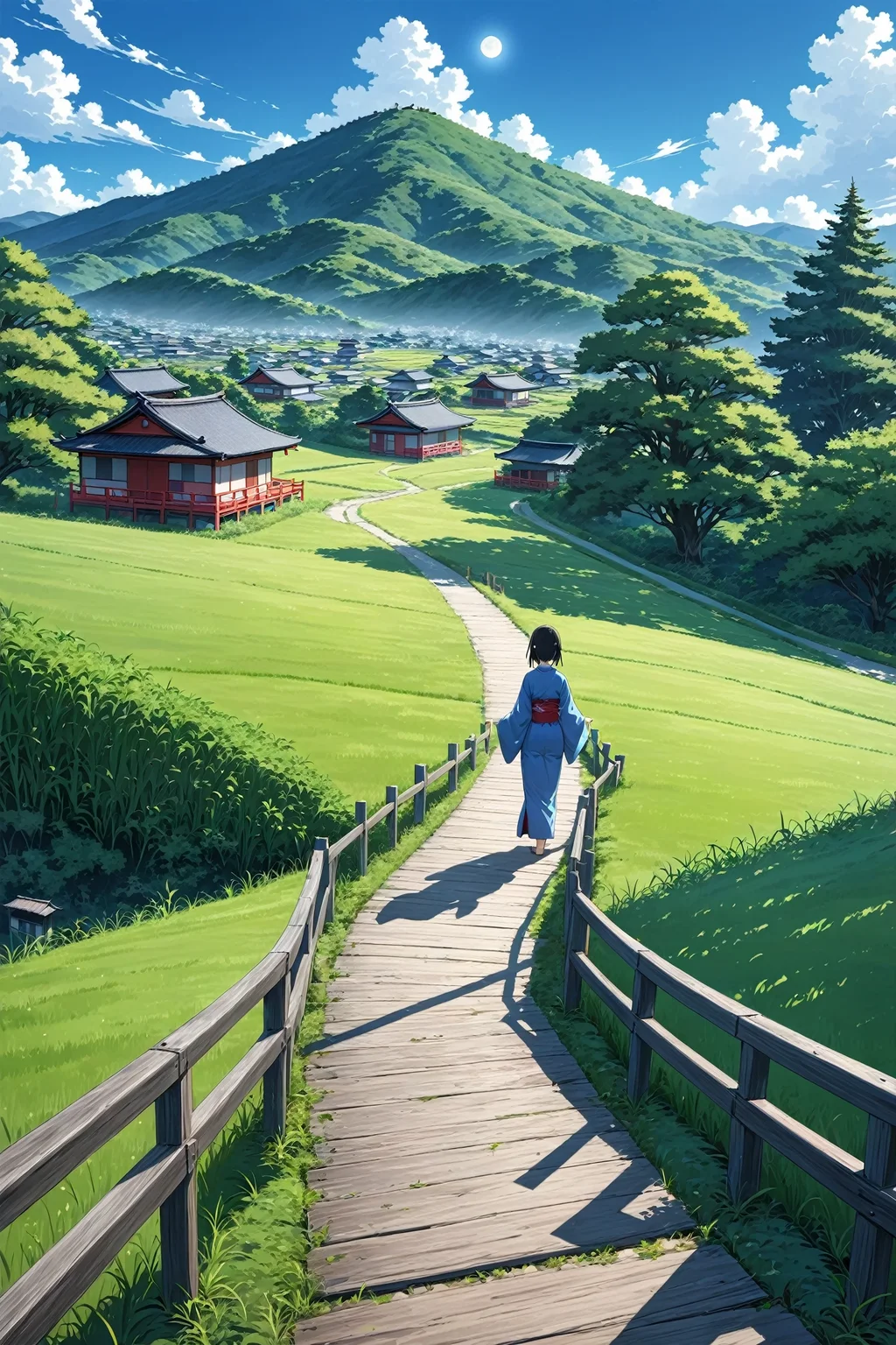 anime, 1girl, solo, black hair, blue eyes, blue sky, cloud, day, field, from behind, grass, hill, house, japanese clothes, moon, outdoors, overgrown, path, railing, road, scenery, shadow, sky, standing, tree, wide shot, wooden bridge, masterpiece, best quality