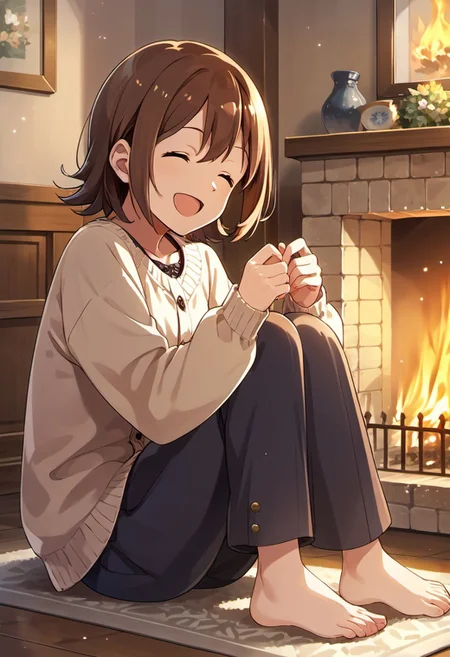 score_9, score_8_up, score_7_up, source_anime,kasuga mirai, brown hair, brown eyes, short hair, 1girl, closed eyes, smile, barefoot, open mouth, solo, ^ ^, :d, fireplace, sitting
