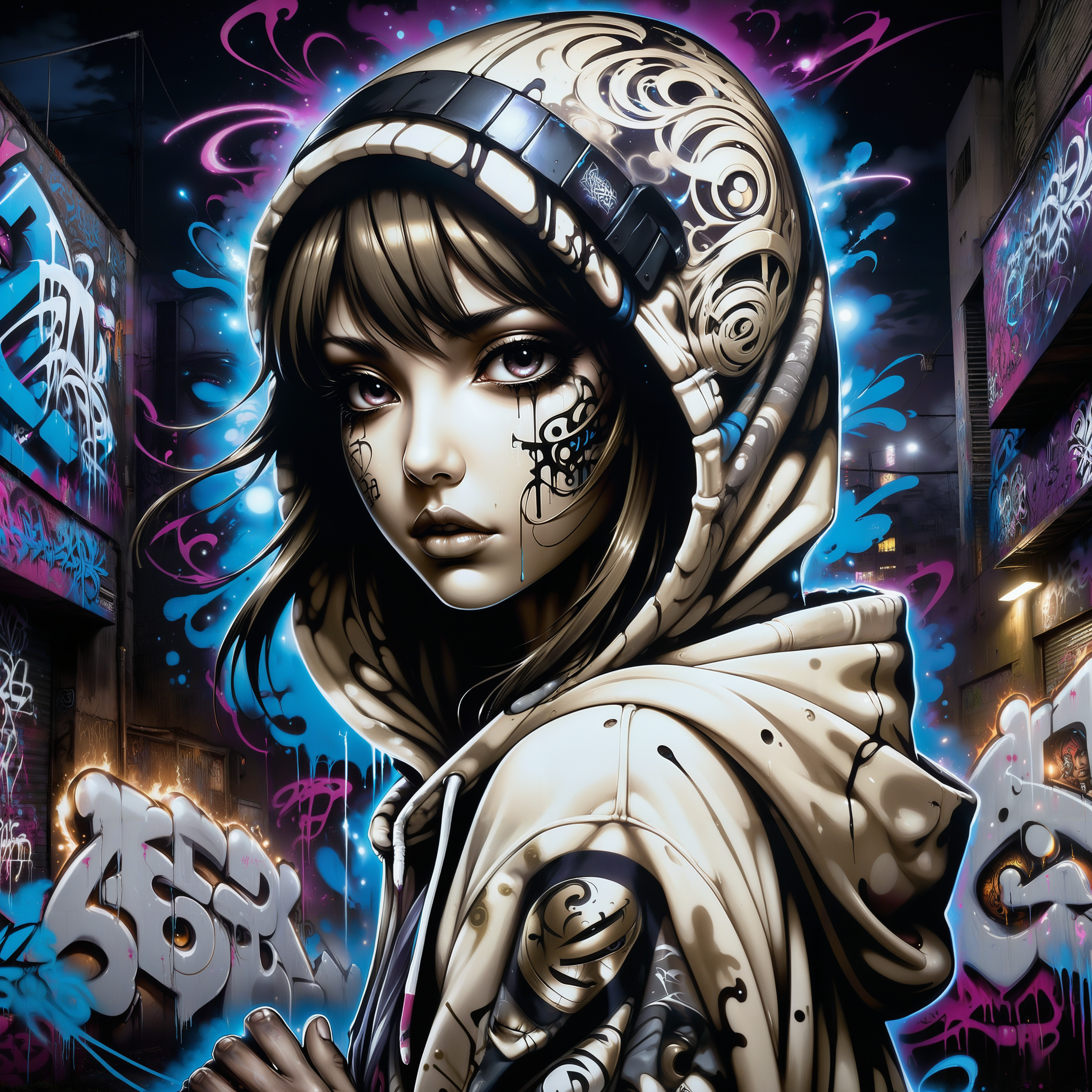 Jed-Gr4ff1t1, masterpiece, full of details, positive emotional, wallpaper enginge, <lora:GraffitiStyle-000003:0.7>, anime night shot of, Hyperpop, Dark, lit, moody, mysterious, anime style, heroic, orientalism, delicate, advanced cinematic perfect light, located artistic, aesthetic, dynamic composition