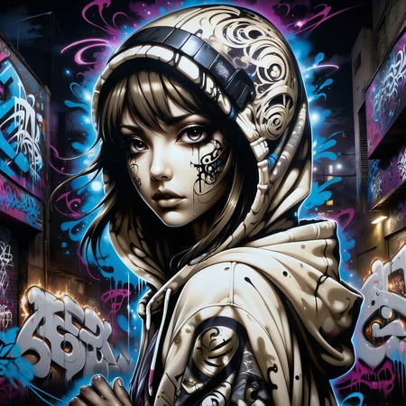 Jed-Gr4ff1t1, masterpiece, full of details, positive emotional, wallpaper enginge, <lora:GraffitiStyle-000003:0.7>, anime night shot of, Hyperpop, Dark, lit, moody, mysterious, anime style, heroic, orientalism, delicate, advanced cinematic perfect light, located artistic, aesthetic, dynamic composition