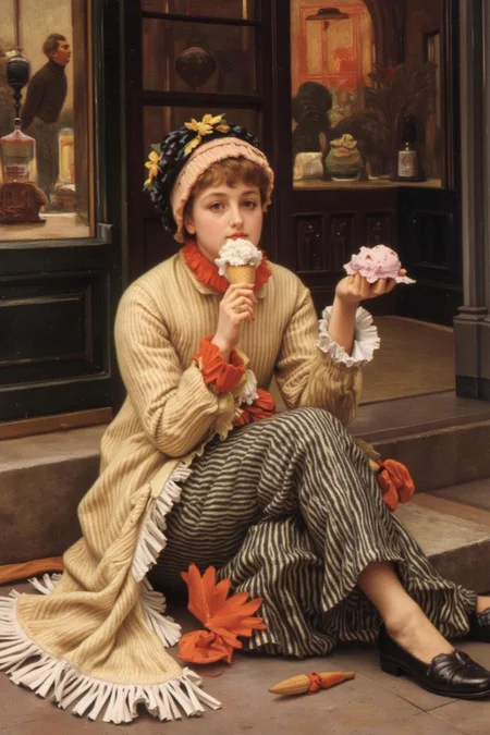 jati1 painting of a woman, sitting on the ground eating ice cream. <lora:jati1_cap_d6a3:1.0><lora:817304690137001416:0>