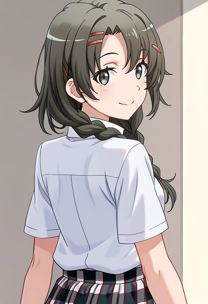 1girl, oregairumeguri, brown hair, long hair, twin braids, hairclip, black eyes, sobu high school uniform, collared shirt, plaid skirt, pleated skirt, smile, looking at viewer, cute, from behind, season1art, <lora:Meguri_ill_v1:1>, masterpiece, best quality, high quality, detailed, absurdres