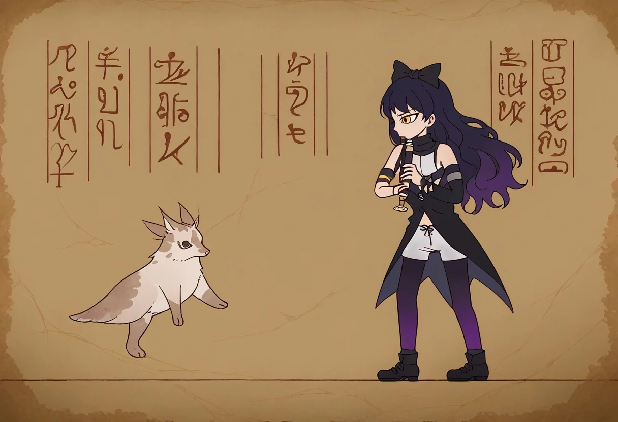 score_9, score_8_up,score_7_up,score_6_up, source_anime,
FauxEgyptian, standing, full body, black eyes, crack, old,dusty,
kyoufuuallback, full body, holding flute,blake belladonna, hair bow, black bow, sleeveless shirt, detached sleeves, white shorts, black pantyhose, pantyhose under shorts, bare shoulders, navel
<lora:FauxEgyptian_XLPD:1>
<lora:concept_kyoufuuallback_ponyXL:0.8> <lora:rwby_blakebelladonna_ponyXL:1>