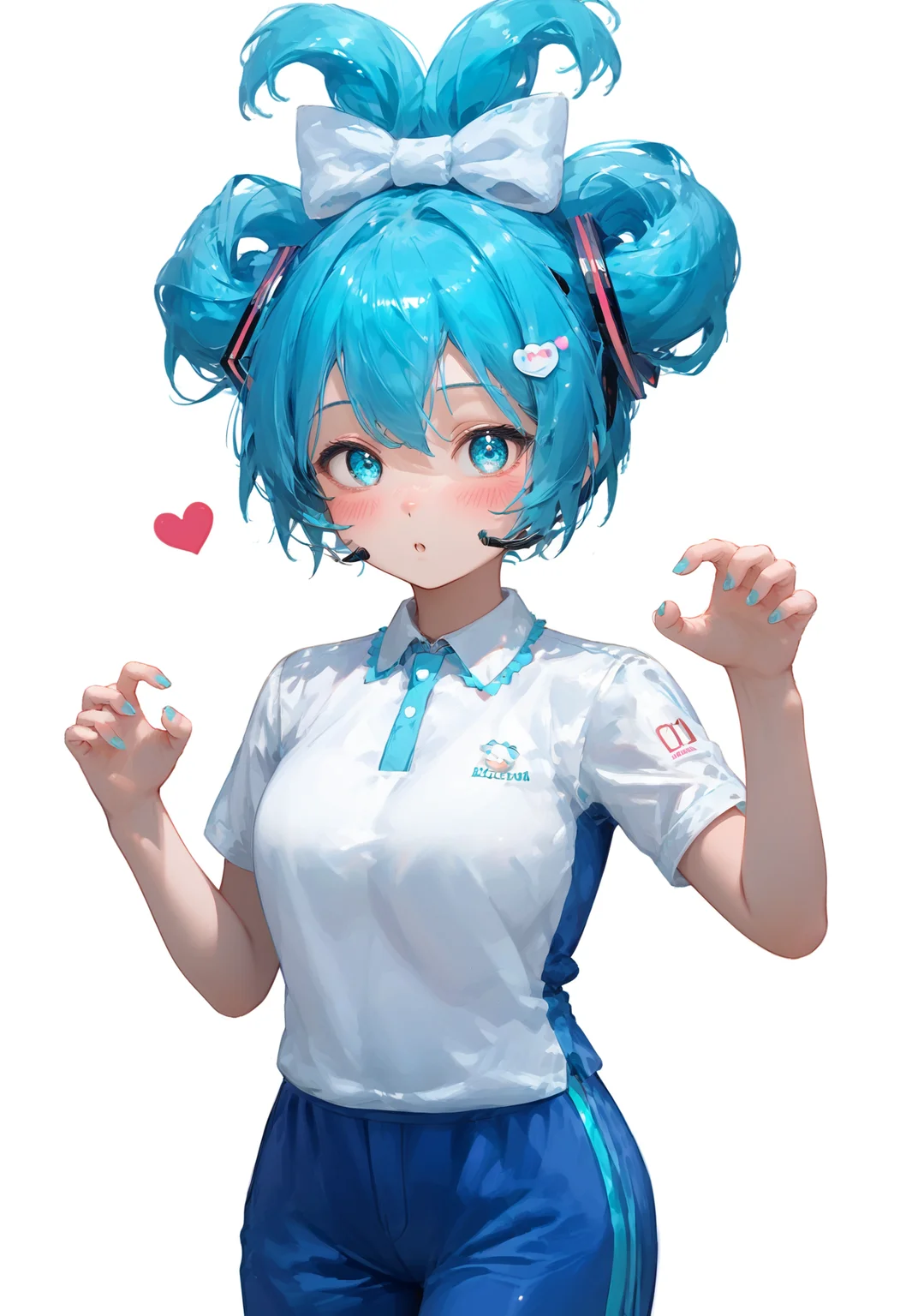 , ,,,, masterpiece, perfect,
(score_10, score_9,score_8_up,score_7_up), (shiny skin, smooth skin:1.2), source anime, anime, explicit rating,(cinemagraph,face focus,wide hips:1.3),
(dark theme, low light, concept art, realistic, :1.0),
looking at viewer, 1girl, 1r1d3sc3nc3 , white background,, , blush, dynamic pose, , busty, breasts, slim waist, ,, , ,, hatsune miku, bangs, updo, heart hair ornament white shirt, blue pants<lora:1r1d3sc3nc3XLP:0.6>,<lora:BustyFC-pdxl:1>,<lora:å鳿ªæ¥çæ¡çHatsune_Miku:1>,<lora:Pony Shenzhen_school_uniform:1>