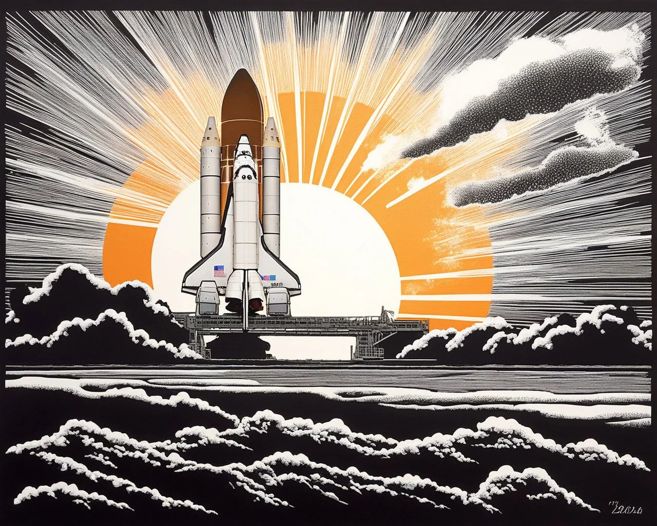 Space_Shuttle, Large_aircraft, launch silhouette, linocut print style, sunrise horizon, plume of smoke, masterpiece, best quality, amazing quality <lora:Mini list aircraft sdxl V1:1>