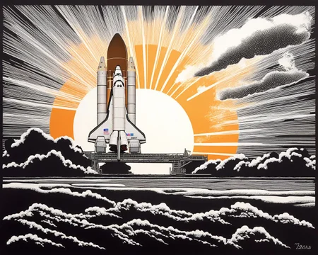 Space_Shuttle, Large_aircraft, launch silhouette, linocut print style, sunrise horizon, plume of smoke, masterpiece, best quality, amazing quality <lora:Mini list aircraft sdxl V1:1>