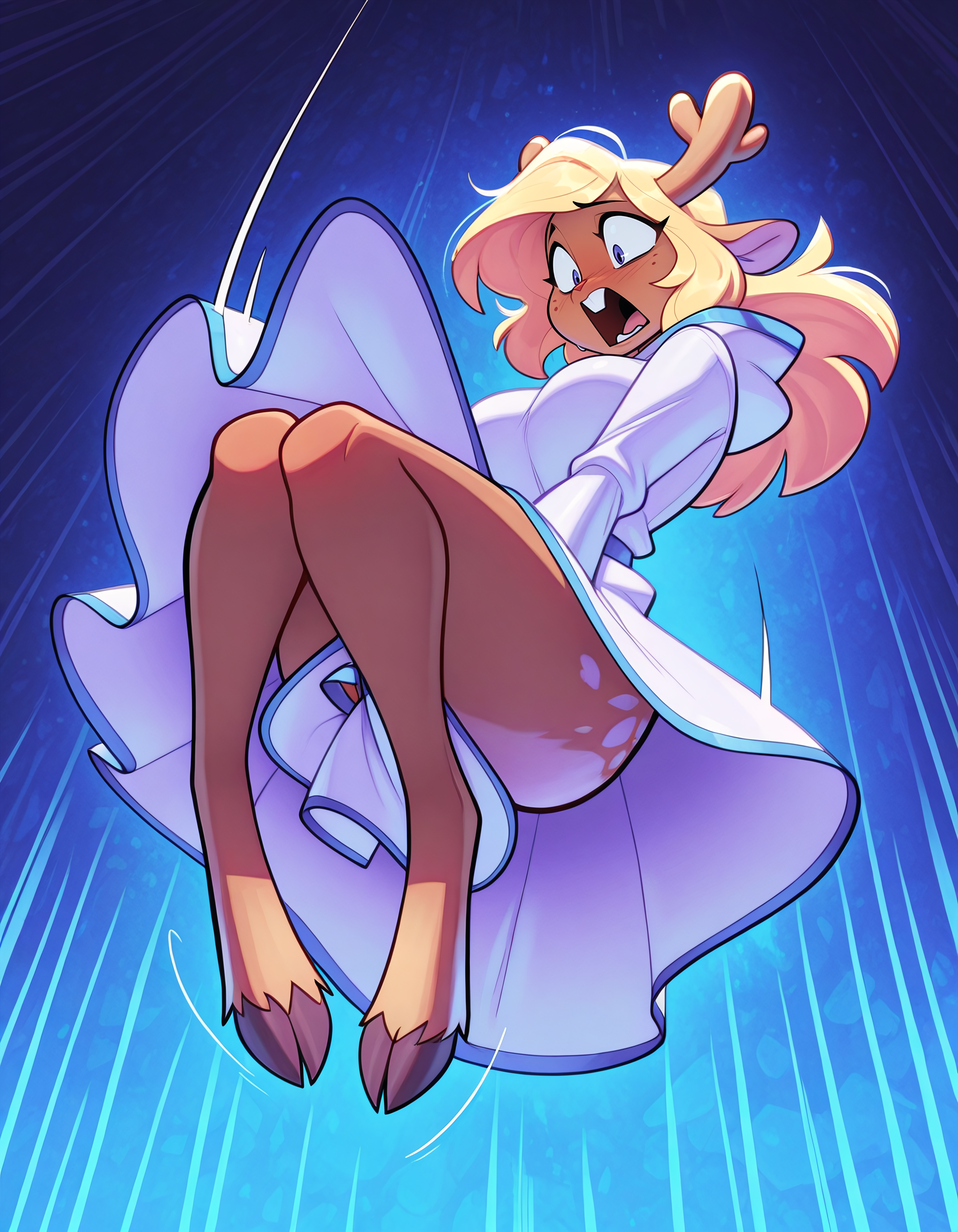 masterpiece, best quality, amazing quality, highres, absurdres, vibrant, vivid colors,
1girl, adult, solo, from from below, full body,
abstract background, motion lines,
<lora:Noelle_Holiday_-_Deltarune_IL:1> Noelle_Hol, deer girl, buck teeth, deer ears,
white robe, cleric, hood down, blue trim, long sleeves,
jumping, floating, floating hair, mid-air, legs together, skirt hold, hands between legs, wind, hooves, knees up,
surprised, embarrassed, shouting, scared, screaming, looking down,
stunning attractive cute late-20s woman,
<lora:[Bigdad] Artist Style Illustrious:1> bigdad_style,