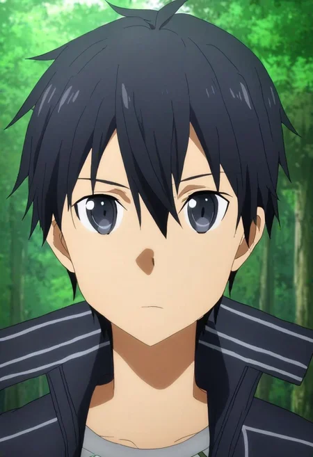 high resolution, solo, best quality, 1Boy, Kazuto Kirigaya, Black Hair, Black Eyes, forest, camping, OverallDetail