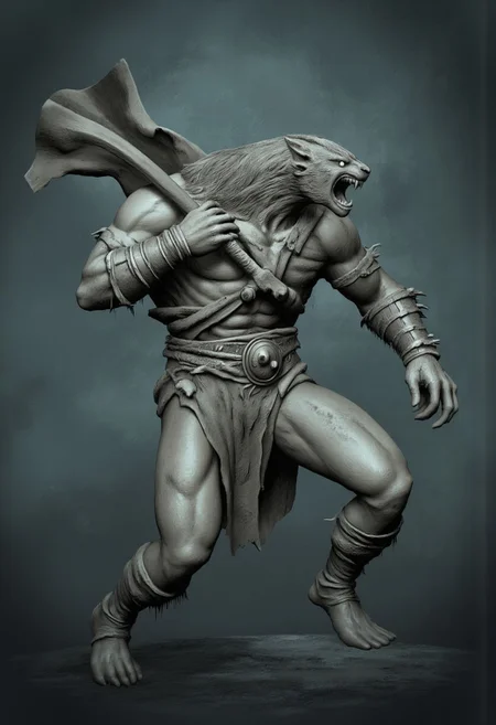 aidmaMJ6.1, Made out of paper, a PaperStyle , d4artstyle, d4concept, , d00mstyle, made of clay, ZBClay model of a gray sculpture
A fierce, humanoid beast with a muscular build and thick, shaggy fur covering its body. The creature has the head of a snarling animal, with sharp fangs and intense eyes that radiate aggression. It wears pieces of armor, including shoulder plates and a chest guard, adding a warrior-like appearance to its otherwise feral look. In one hand, it grips a large, curved weapon resembling a battle axe, its claws wrapping around the handle with a firm grip. The limbs are powerful and end in sharp talons, capable of both slashing and gripping. A tattered cloak billows behind it, adding a dynamic sense of movement to its pose. The overall design suggests a blend of primal savagery and martial skill, with elements of both beast and warrior.
Background solid color with a faded dimly lit, fog-covered darkness tone that emphasizes its silhouette.
The medium is not a traditional painting or illustrative medium like watercolor or ink but rather a digital rendering, eerie and unsettling.
