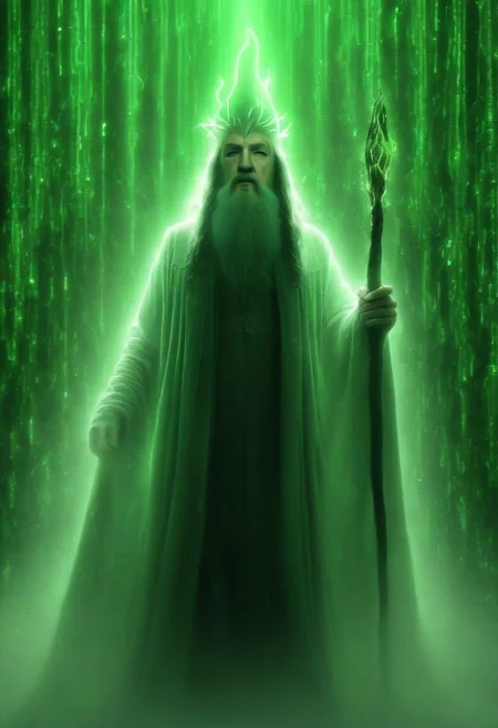 photo of the wizard Gandalf from Lord of the Rings , ((background of little green data_symbols falling down like rain)), ascii-symbols falling down like rain, the matrix, magic realism, from the film matrix, datastream,masterpiece, (best quality:1.2),, ray-tracing, high resolution, UHD, HDR, 64K, octane render, high quality