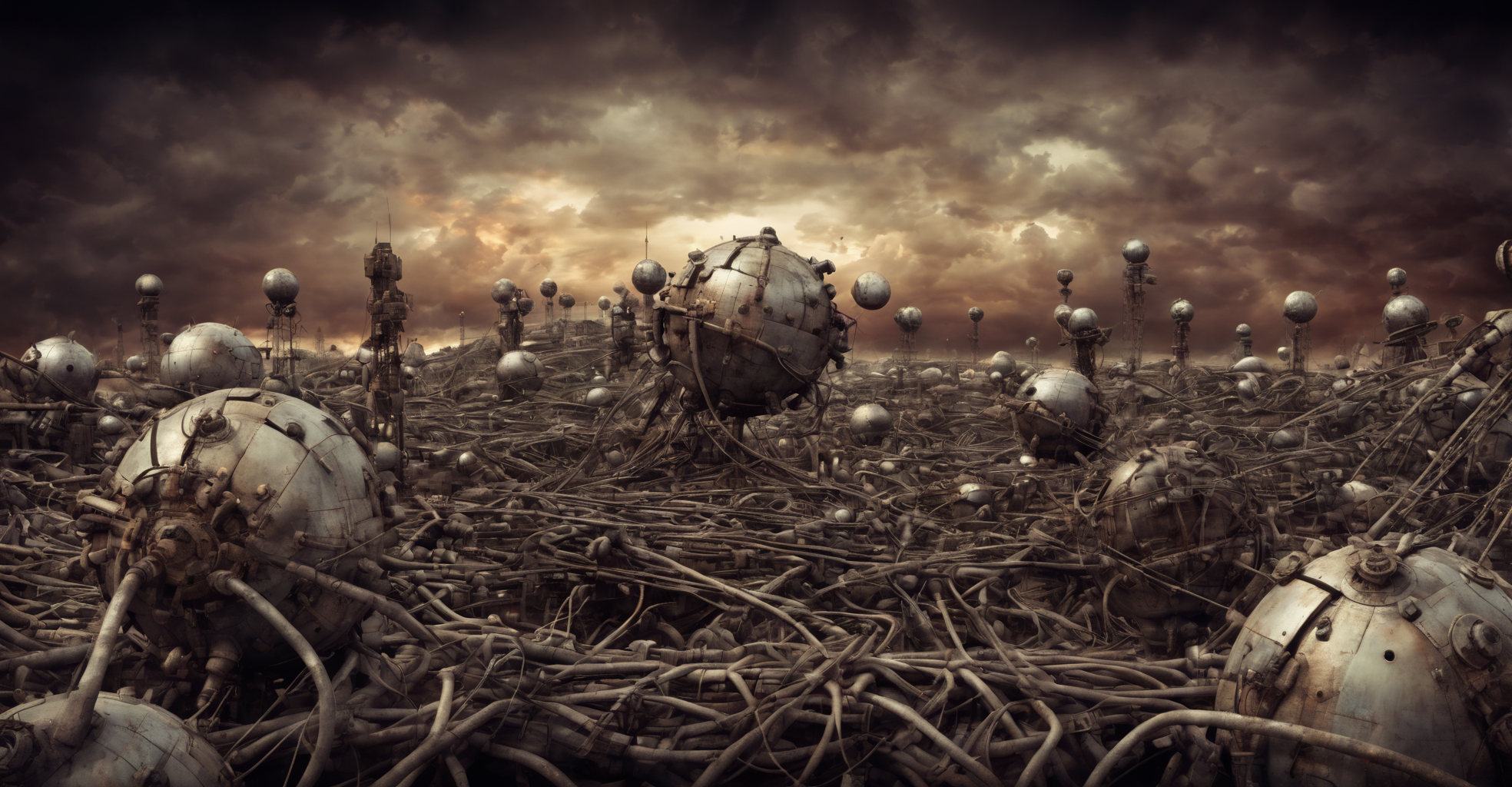 <lora:y4nn-000006:0.75>y4nn, a bunch of old spherical bombs sitting in a pile of wires with a sky and clouds in the background, dystopian art, a detailed matte painting, neoplasticism