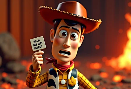 Woody from toystory is a very worried cowboy in a hellish kids room holding a key with saying "Help Me Get Buzz!", with a scared buzz lightyear figure locked in a cage in a fiery lava background. detailed eyes, highly detailed, photography, ultra sharp, film, bokeh, professional, 4k