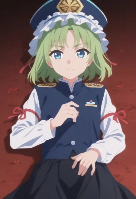 1girl, solo, solo focus, highres, absurdres, shikieiki, green hair, frilled hat, blue eyes, blue headwear, short hair, bangs,
long sleeves, black skirt, white shirt, blue vest, red ribbon, epaulettes, small breasts, arm ribbon, buttons,
looking at viewer, lying, on back,
spider lily, flower field, night sky, red sky, dark, red theme,