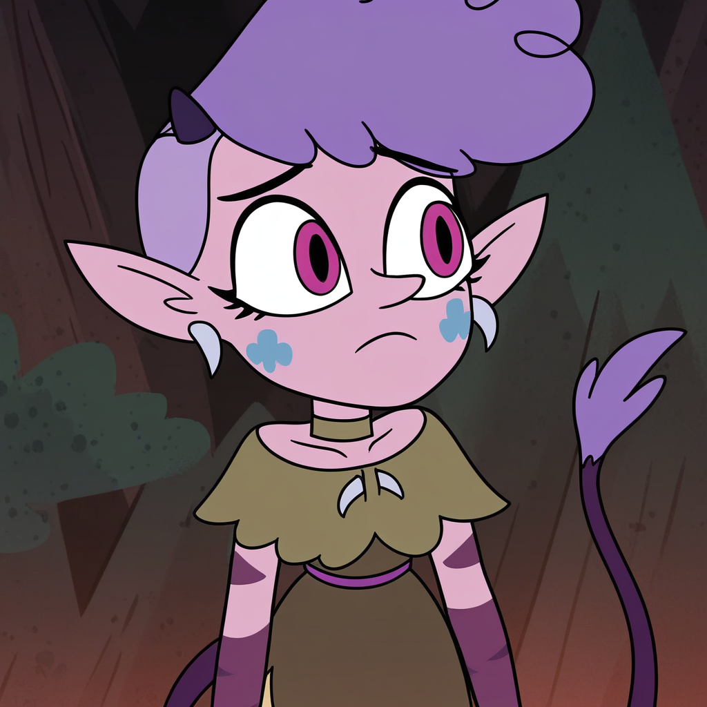 score_9, solo, meteora_sv, purple hair, pointy ears, horns, earrings, tail, choker, dress, forest, natural lighting