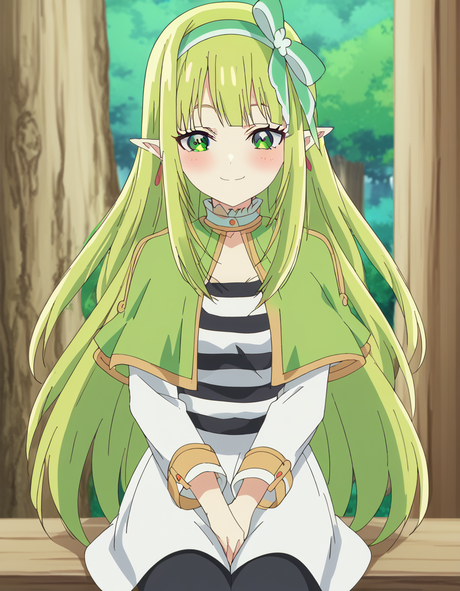 score_9, score_8_up, score_7_up, source_anime, <lora:orphia-s2-ponyxl-lora-nochekaiser:1>, orphia, long hair, bangs, very long hair, green eyes, hairband, green hair, pointy ears, elf, green hairband, mature female, small breasts, anime screencap,, <lora:frieren-cosplay-ponyxl-lora-nochekaiser:1>, frieren cosplay, frieren (cosplay), shirt, long sleeves, jewelry, pantyhose, earrings, striped, black pantyhose, capelet, striped shirt, skirt, white skirt,, forest, sitting, smile, blush, cowboy shot, looking at viewer, , cowboy shot