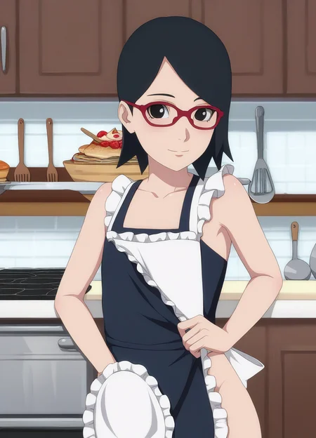 score_9, score_8_up, score_7_up,1girl,sarada,black hair,short hair,red eye frame glasses,detailed face, masterpiece,best quality, shiny , <lora:sarada:1> wearing an apron,flat chest,kitchen,black eyes