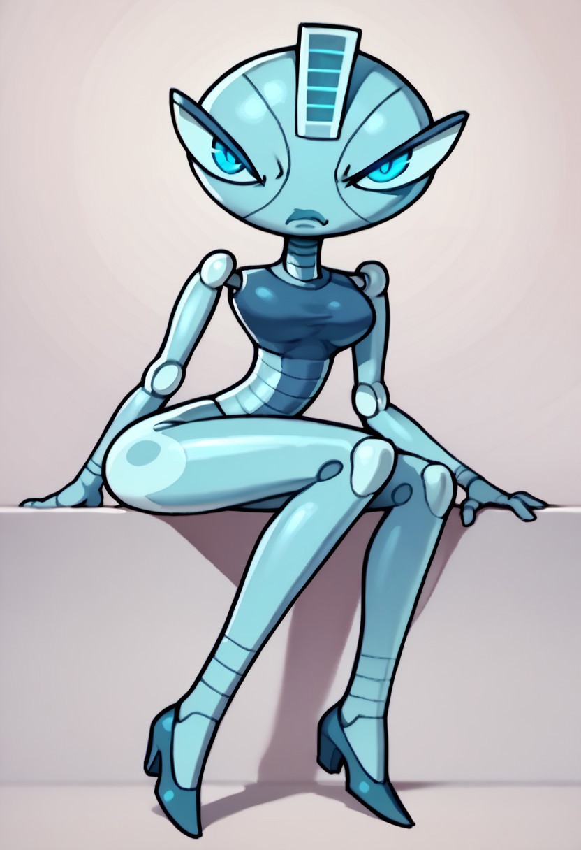score_9, score_8_up, score_7_up BREAK MonaLethal, 1girl, robot girl, metal body, blue eyes, staring at viewer, angry, full body,
