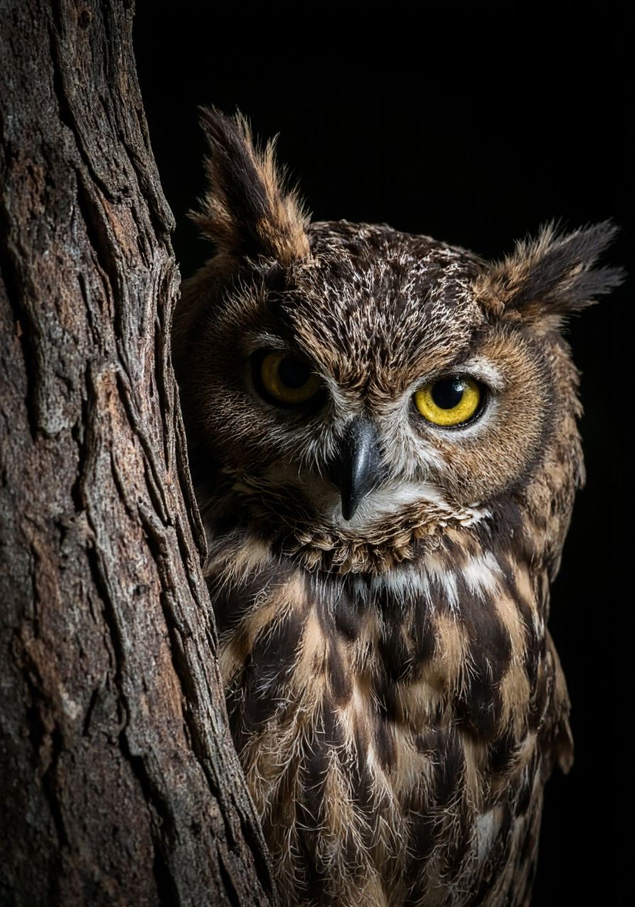 high-resolution photograph of a Great Horned Owl partially hidden behind a tree trunk. The owl is positioned on the right side of the image, with its body and one wing partially obscured by the tree. The owl's intense, piercing yellow eyes are the focal point, gazing directly at the viewer with a sense of mystery and intensity. Its feathers are a mix of dark brown and grey, with a textured, fluffy appearance around the head and neck. The owl's large, curved beak is dark and prominent, adding to its fierce appearance. The tree trunk is rough and textured, with deep grooves and a rugged bark surface that contrasts starkly with the smooth feathers of the owl. The background is completely black, which enhances the dramatic lighting that highlights the owl and the tree, creating a striking visual contrast. The lighting is soft and directional, casting subtle shadows that add depth and dimension to the image. The overall mood of the photograph is intense and somewhat eerie, capturing the essence of the owl's nocturnal and secretive nature., aidmamjv7 <lora:aidmaMJv7-FLUX-v0.1:0.8>
