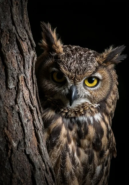 high-resolution photograph of a Great Horned Owl partially hidden behind a tree trunk. The owl is positioned on the right side of the image, with its body and one wing partially obscured by the tree. The owl's intense, piercing yellow eyes are the focal point, gazing directly at the viewer with a sense of mystery and intensity. Its feathers are a mix of dark brown and grey, with a textured, fluffy appearance around the head and neck. The owl's large, curved beak is dark and prominent, adding to its fierce appearance. The tree trunk is rough and textured, with deep grooves and a rugged bark surface that contrasts starkly with the smooth feathers of the owl. The background is completely black, which enhances the dramatic lighting that highlights the owl and the tree, creating a striking visual contrast. The lighting is soft and directional, casting subtle shadows that add depth and dimension to the image. The overall mood of the photograph is intense and somewhat eerie, capturing the essence of the owl's nocturnal and secretive nature., aidmamjv7 <lora:aidmaMJv7-FLUX-v0.1:0.8>