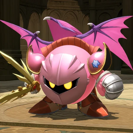 MetaknightXL, mask, yellow eyes, sword, wings, cape,<lora:MetaknightXL:1>, pink outfit, (anime, masterpiece, intricate:1.3), (best quality, hires textures, high detail:1.2), (4k),(incredibly detailed:1.4),UHD, 8K, ultra detailed