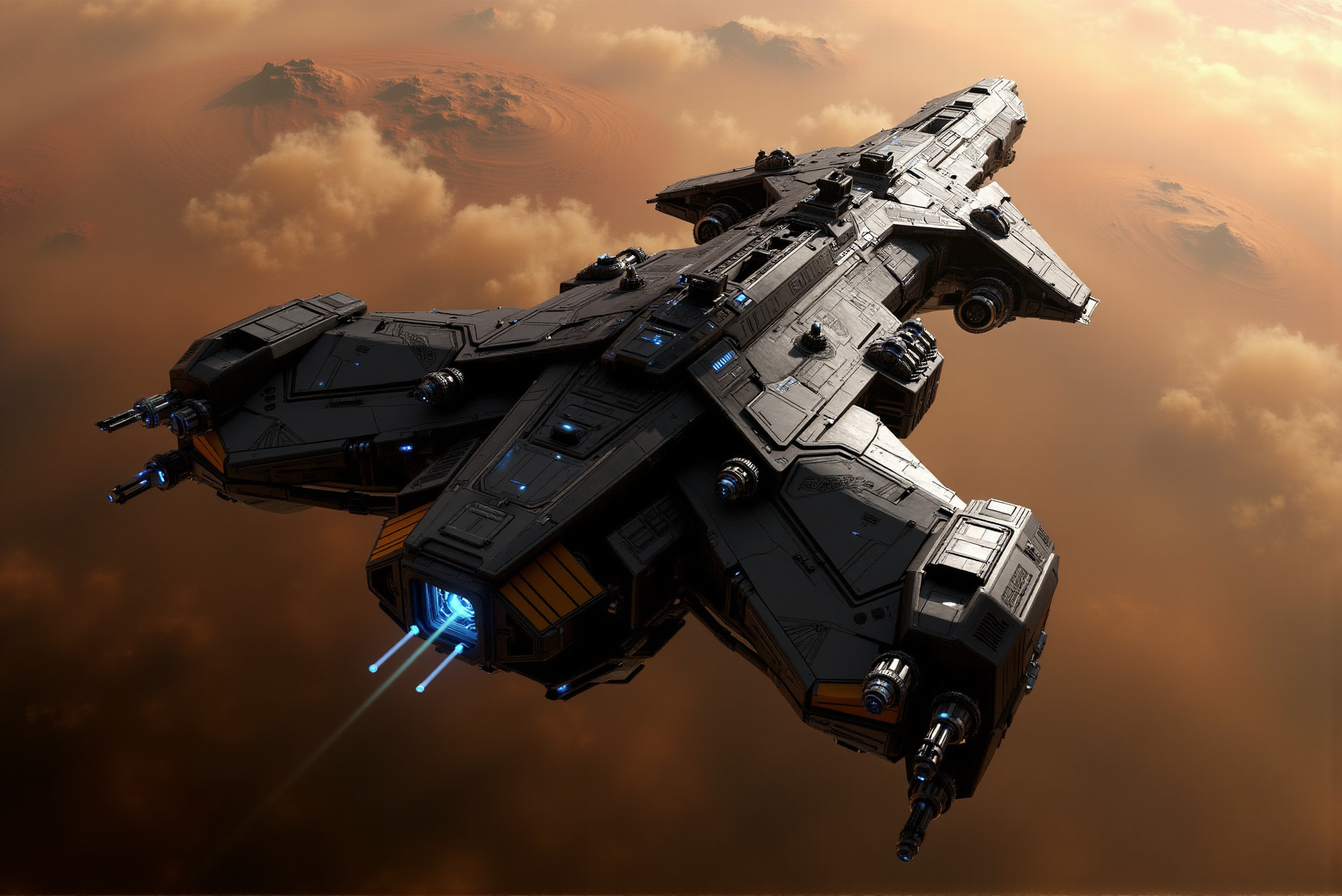 <lora:SpaceCraft_v.1:0.8> SPCCRFT style. A sleek and formidable spacecraft soars above the swirling, dust-laden atmosphere of a distant planet, its angular, aggressive design embodying precision engineering and tactical superiority. The dark metallic hull, adorned with geometric paneling and subtle markings, exudes a battle-hardened resilience, with sharp, wing-like extensions that suggest both aerodynamic efficiency and strategic deployment capabilities. The shipâs forward fuselage tapers into a sharp, predatory point, while the broad, swept-back wings house advanced propulsion systems that emit a cool blue glow, hinting at high-speed maneuverability and stealth capabilities. The central command module, positioned atop the main body, features an array of sensor suites and communication arrays, reinforced with armored plating to protect critical systems during combat operations. The vesselâs surface is punctuated by recessed weapon emplacements, with turret-mounted cannons and missile pods strategically integrated along the outer edges, ensuring optimal coverage in engagements. A subtle interplay of blue and amber accent lighting along the hull provides a visual contrast against the shipâs matte gray finish, emphasizing its functional yet refined design. Below, the planetâs vast, desolate surface stretches endlessly, shrouded in a thick haze of dust and atmospheric turbulence, casting an eerie, orange-tinged glow that contrasts with the cold, mechanical precision of the spacecraft. The soft, diffused lighting from the planetâs surface enhances the vesselâs imposing presence, creating a cinematic composition that evokes themes of exploration, conflict, and survival in the unforgiving reaches of deep space. Rendered in a photorealistic sci-fi art style, the image features meticulously detailed textures, high-contrast lighting, and a carefully balanced composition that highlights the spacecraft's intricate design while immersing the viewer in the atmospheric expanse of an alien world.