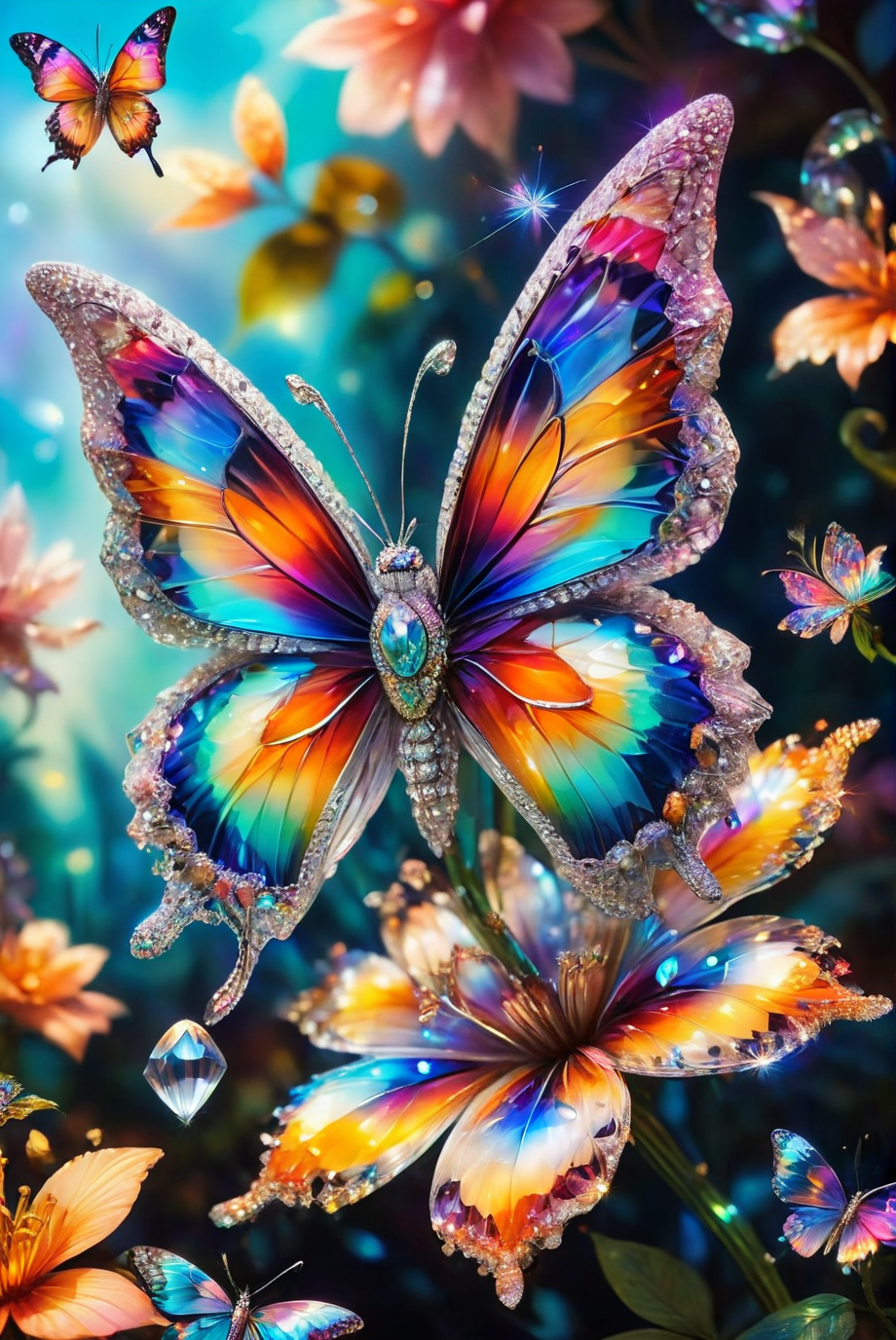 A close-up of a vibrant, colorful crystal flower with intricate, detailed petals. A delicate butterfly rests on the flower, its wings displaying a spectrum of iridescent colors. The background is softly blurred, creating a dreamy, surreal, and magical atmosphere that enhances the focus on the crystal flower and butterfly. The scene captures the essence of a fantastical, otherworldly garden, with the hyper-realistic details of the flower and butterfly bringing the image to life.
close-up, crystal flower, vibrant colors, detailed petals, intricate, butterfly, iridescent wings, soft blurred background, dreamy, surreal, magical, hyper-realistic, fantastical, otherworldly, garden, enchanting, detailed, colorful, captivating, whimsical, ethereal, vivid, nature-inspired, fairy tale-like.
<lora:add-detail-xl:1.0>,
<lora:EnvyBetterHiresFixXL01:1.0>,
<lora:extremely_detailed:1.0>, extremely detailed,
<lora:EldritchMixIllustration_1.1:0.25>,
<lora:SDXLFaeTastic2400:0.6>,
<lora:ral-swarcrystl-sdxl:0.85> ral-swarcrystl