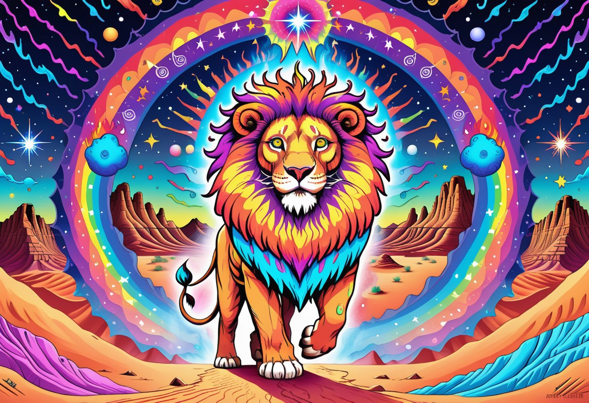 A huge incredible lion is walking along the colorful psychedelic dunes of ((desert)). the lion's mane shimmers with all the colors of the rainbow. it feels like a lion is burning with a multicolored flame. background: a black night with rare large stars. the inscription on the picture: "Graógramán" (the whole picture resembles an acid trip. front view)