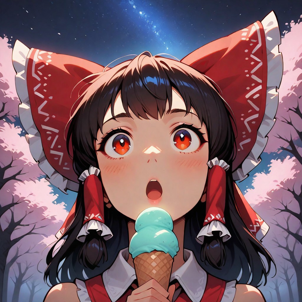 1girl, solo, hakurei_reimu, holding ice cream cone, :o; facing viewer, looking up, starry sky, night sky, cherry blossoms, upper body, straight-on, masterpiece, best quality, very aesthetic, absurdres